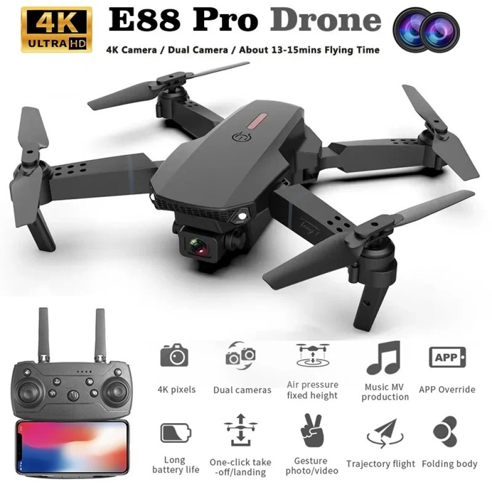 E88 Pro Drone with 4K Camera, WiFi FPV 1080P HD Dual Foldable RC Quadcopter Altitude Hold, Headless Mode, Visual Positioning, Auto Return Mobile App Control, Black