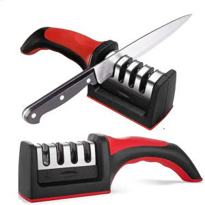 Knife Sharpening Tool 4in1, Manual Knife Sharpener for Sharpening and Polishing Kitchen Knives, Scissors (Coarse Tungsten Steel, Fine Ceramic Stone)