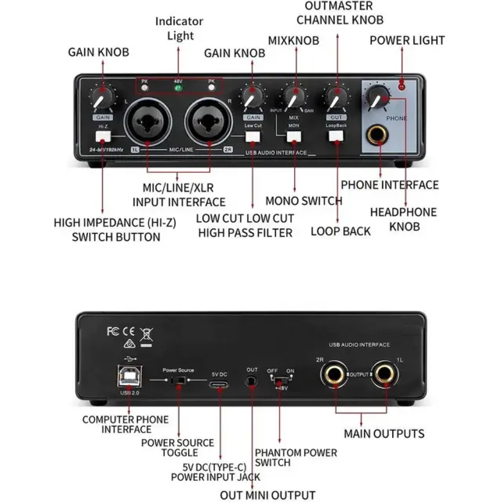 GAX-MD22 Audio Interface Recording Live Dubbing Equipment Singing USB External Guitar Audiobook Professional Sound Card