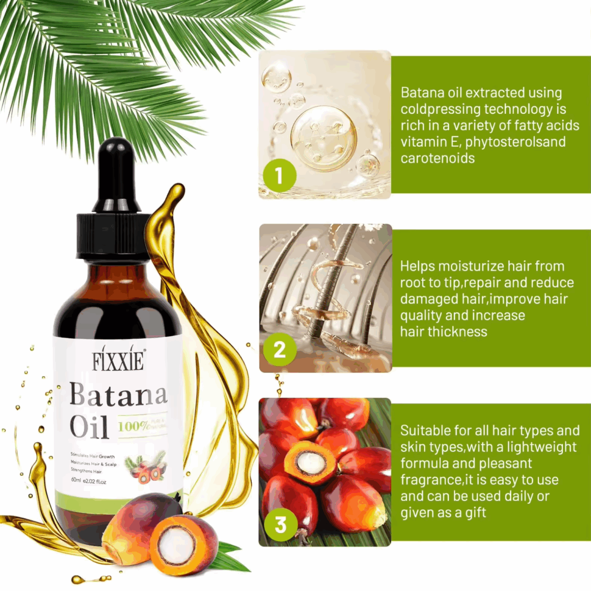 FIXXIE Batana Oil for Hair Growth - 60ml, 100% Pure & Natural Batana Hair Oil from Honduras, Designed to Prevent Hair Loss, Suitable for Men & Women, Promotes Thicker & Stronger Hair. - Image 3
